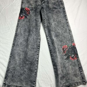 Sky Men’s Acid Wash Jeans Black Panther Rose Graphic Wide Leg Denim Sz 32x31